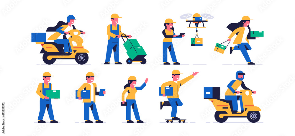 Set of couriers delivery of parcels. Delivery of orders. Men and women in courier uniform. Woman on a motorcycle, drone, boxes, parcel, skateboard. Happy people at work. Flat vector illustration