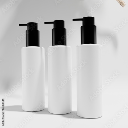 three cosmetic bottles isolated with black cap on white background 3f render photo