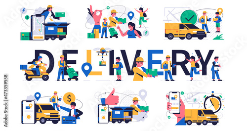 Set of online parcel delivery service concept. Mobile app concept. Phone with parcel delivery app on display. Courier, truck, service, moto, van, box, order, hand, font, map. Flat vector illustration