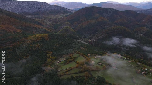Aerial fly over of the area surounding the village of Sigale on the route from Gillette in the Alpe Maritimes photo