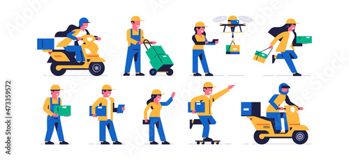 Set of couriers delivery of parcels. Delivery of orders. Men and women in courier uniform. Woman on a motorcycle, drone, boxes, parcel, skateboard. Happy people at work. Flat vector illustration