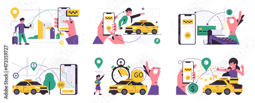 Set of taxi ordering service mobile application concept. A hand holding a phone with booking a taxi on the display. Urban cab service, yellow car, passengers, pay, icon, sign. Flat vector illustration