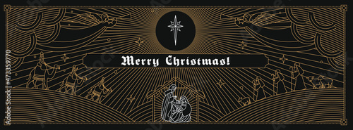 Christmas card. Linear drawing on a dark background. Jesus, Mary, Joseph, shepherds, star and animals. The color of the elements can be changed.