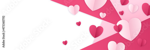 Love valentine's banner background with hearts. Valentine's day concept frame. Vector illustration. 3d red and pink paper hearts on geometric background. Cute love sale banner or greeting card