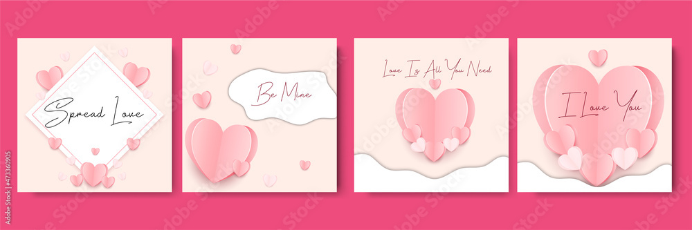 Happy Valentine's Day greeting cards. Trendy abstract square art templates. Suitable for social media posts, mobile apps, banners design and web/internet ads.