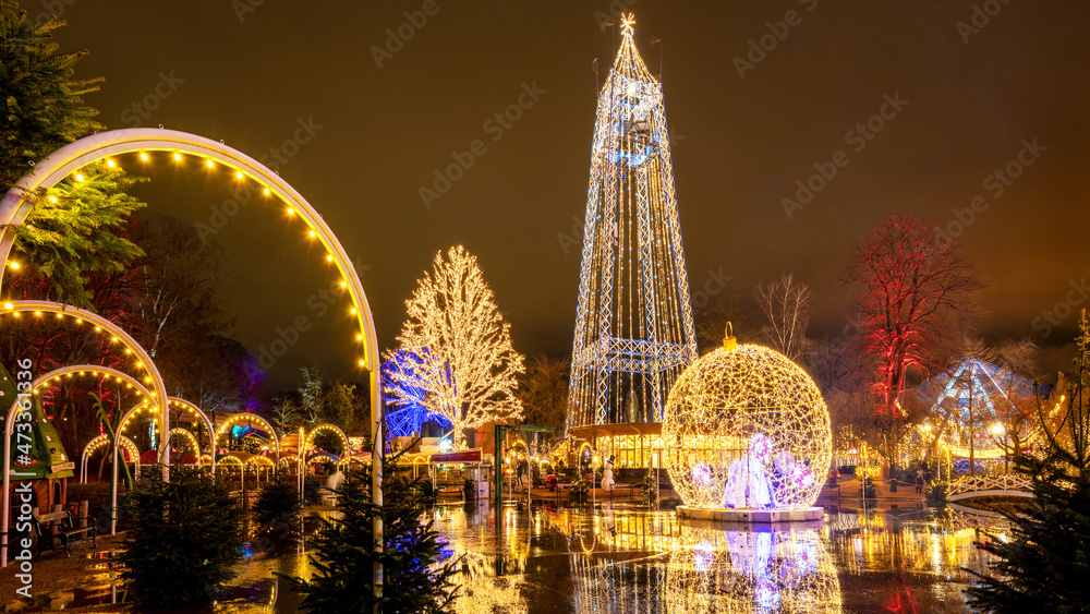 Aarhus, Denmark; December 5, 2021 - Christmas decorations light up in a park, Jutland, Denmark

