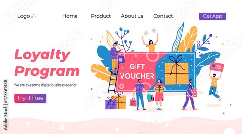 Loyalty program landing page template. Promotion of online shop bonus or reward. Modern flat vector illustration for advertisement. Seasonal discount website sale banner with people