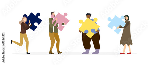 Business concept people connecting puzzle elements. Vector illustration