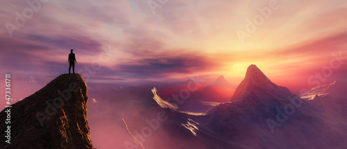 Dramatic View of Adventurous Man standing on top of a rocky peak looking over the Mountain Landscape. 3d Rendering. Colorful Sunrise Sky photo
