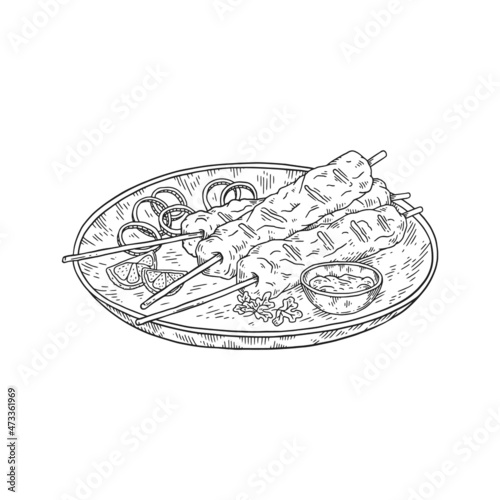 Shish kebab plate in hand drawn sketch style, vector illustration isolated on white background.