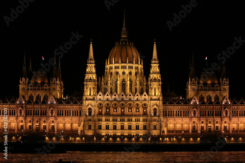 Famous Hungarian Parliament scenically illuminated at night
