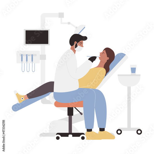 Female patient at stomatology and dental room. Dentist examining girl in dental chair cartoon vector illustration