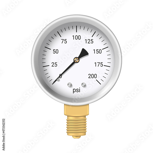 Realistic pressure gauge with brass fitting isolated on white background. Pressure measurement tool. Vector illustration.	