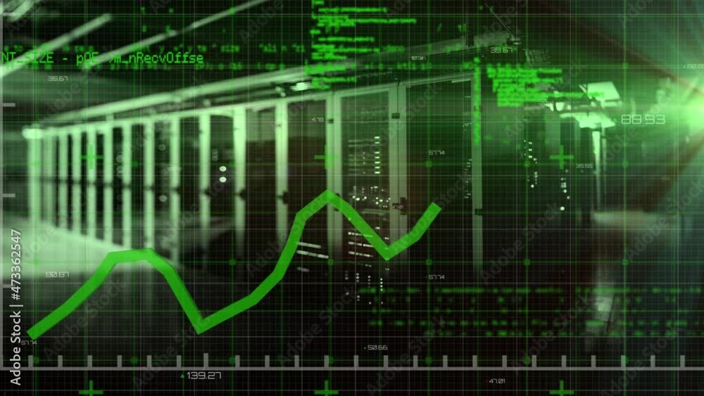 Animation of data processing and diagram over server room Animation of data processing and diagram over server room