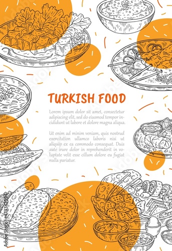 Traditional middle east cuisine banner in monochrome sketch style, vector illustration.