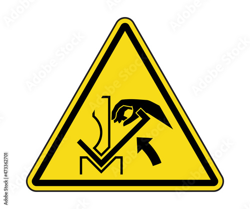 Hand Crushing Between Press Brake and Material Warning Label.  International Hand Crushing Hazard Symbol.