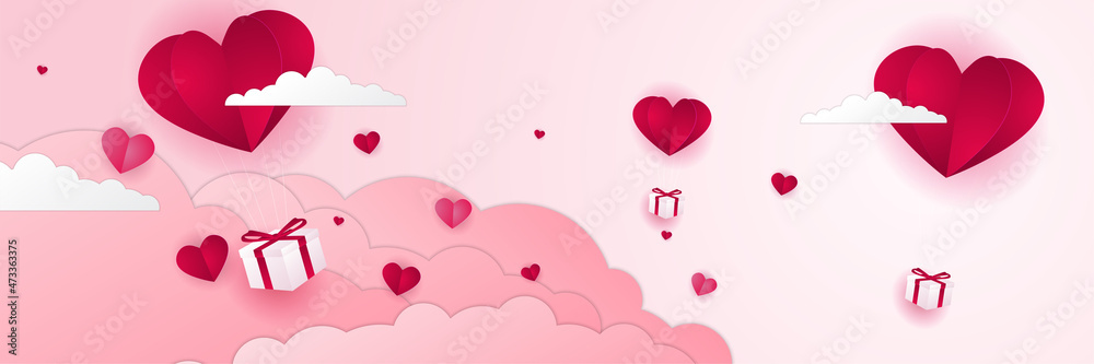 Gift box with heart balloon floating it the sky, Happy Valentine's Day banners, paper art style. Design for special days, women's day, valentine's day, birthday, mother's day, father's day, Christmas