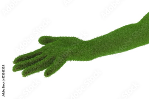 Gaia hand cover by grass, mother nature concept. Hand reaching. empty. 3D rendering. full of grass or made of green field. Eco-friendly and sustainable message. good for text and slide. 
