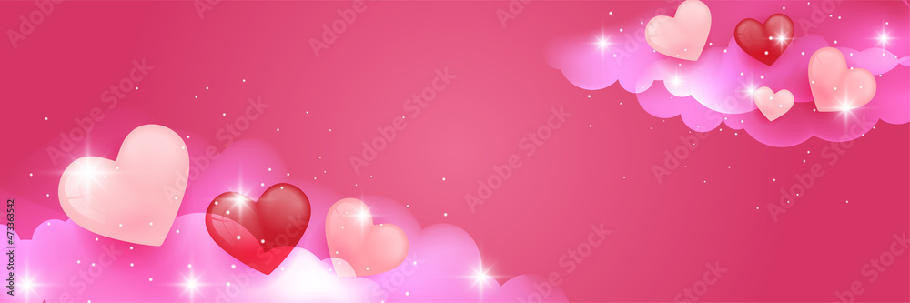Valentine's day concept poster banner background template. Vector illustration. 3d red and pink paper hearts with frame on geometric background. Cute love sale banners or greeting cards