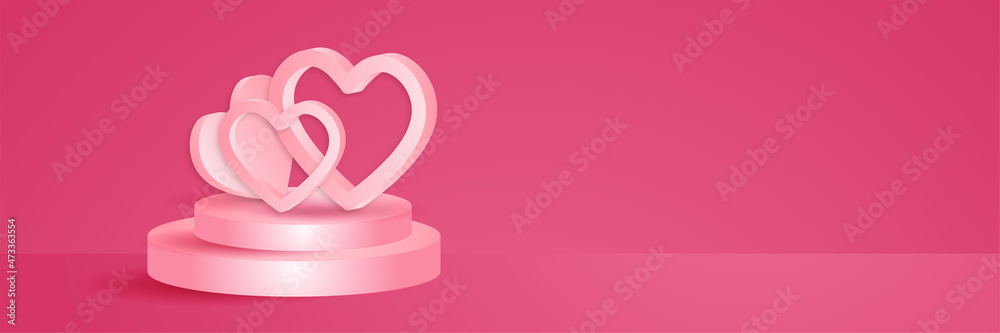 Stage podium decorated with heart shape lighting. Pedestal scene with for product, advertising, show, award ceremony, on pink background. Valentine's day background. Minimal style. Vector illustration