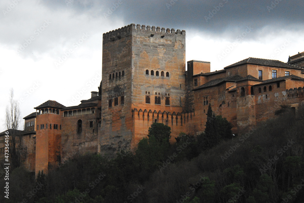 Spain- Granada- Panorama of the Exterior of the Alhambra During a Storm