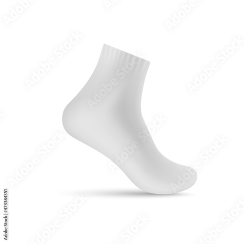 White ankle length sock realistic vector mockup. Ribbed sport sock 3d illustration, isolated on white background.