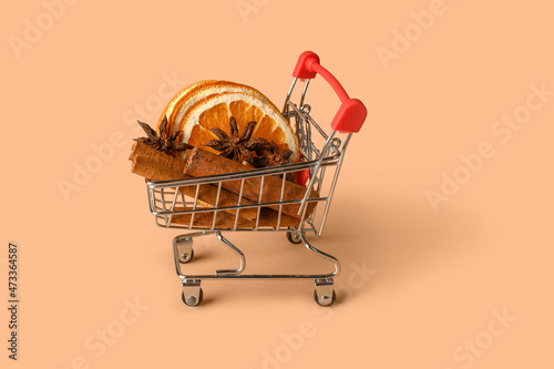 Buying and selling dry cinnamon sticks in a basket. Festive ingredients.