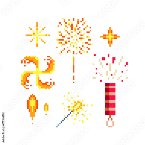 Bengal fire and fireworks icons. Design of a congratulatory holiday card. Vector icon set. Pixel art style. Isolated illustration