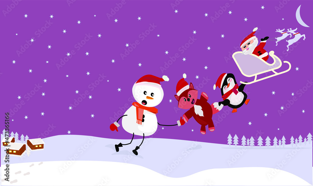 Naklejka premium santa, snowman, fox and penguin wishes everyone a happy new year. greeting card, poster, illustration, vector, gift, decoration