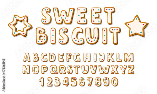 Sweet biscuit font and Gingerbread cookie alphabet. Glazed crackers in shape of letters and numbers, star and snowflake in cartoon style isolated on white background. Vector illustration