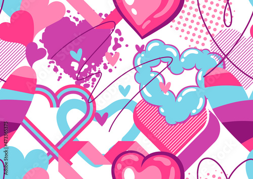 Valentine Day seamless pattern with various hearts. Romantic background.