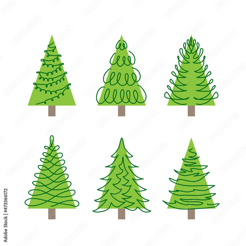 Doodle vector pine trees set. One continuous line drawing art. Simple green Christmas trees, pine trees, fir set Doodle vector pine trees set. One continuous line drawing art. Simple green Christmas trees, pine trees, fir set