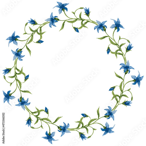 Decorative vector floral wreath from watercolor drawings of delicate wild bellflowers