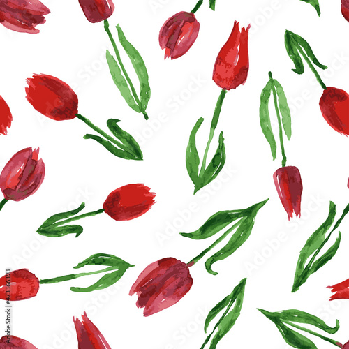 Seamless background from watercolor drawings of blooming red tulips