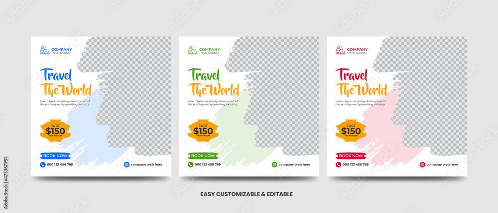 Travel and vacation square social media banner post template with brushstroke. Travel agency ads banner. Modern travel social media Travel and vacation square social media banner post template with brushstroke. Travel agency ads banner. Modern travel social media