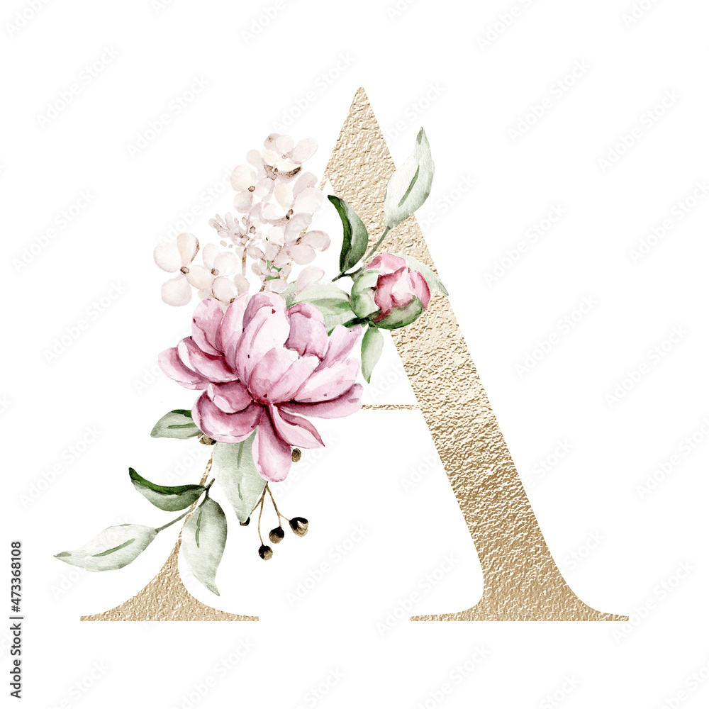 Floral alphabet, gold letter a with watercolor flowers and leaf. Golden ...