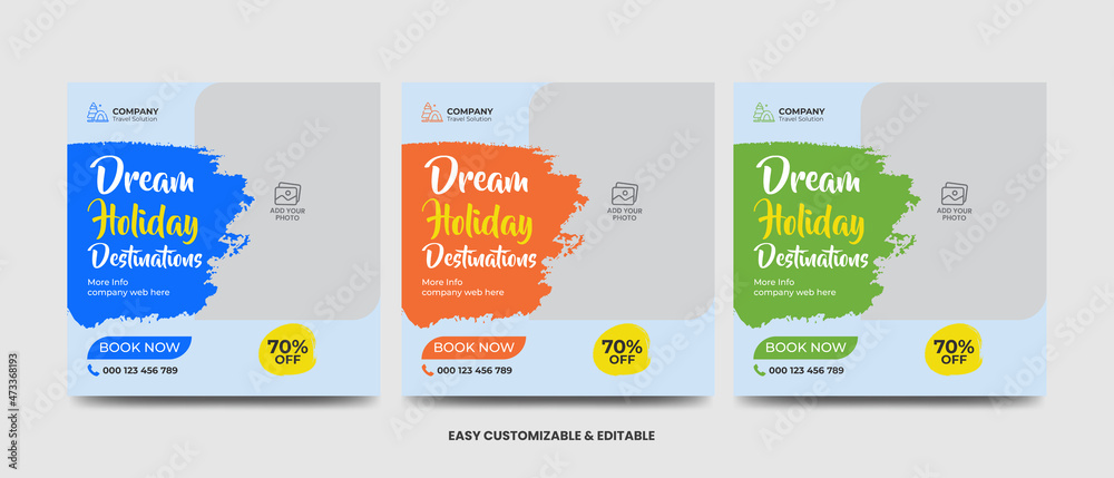 Obraz premium Travel and vacation square social media banner post template with brushstroke. Travel agency ads banner. Modern travel social media
