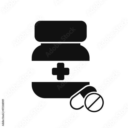 Drugstore. Medicine bottle and pills. Medicament. Black and white icon. Vector illustration