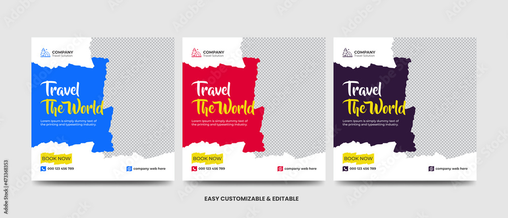 Travel and vacation square social media banner post template with brushstroke. Travel agency ads banner. Modern travel social media Travel and vacation square social media banner post template with brushstroke. Travel agency ads banner. Modern travel social media