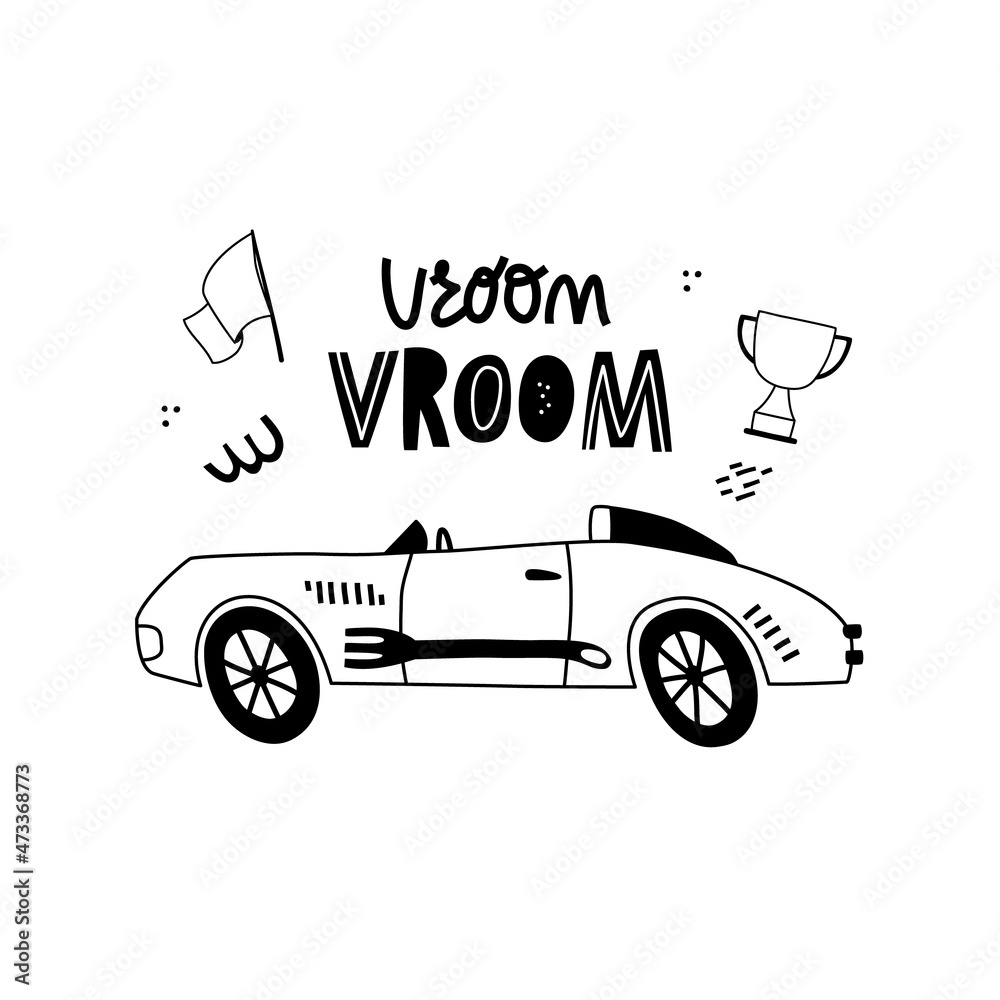 Cartoon car and Vroom vroom handwritten text with abstract shapes. Outline  hand drawing. Perfect for t-shirt, apparel, cards, poster, nursery.  Isolated on white background vector illustration Stock Vector | Adobe Stock