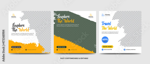 Travel and vacation square social media banner post-template set with brushstroke. Travel agency ads banner. Modern travel social media