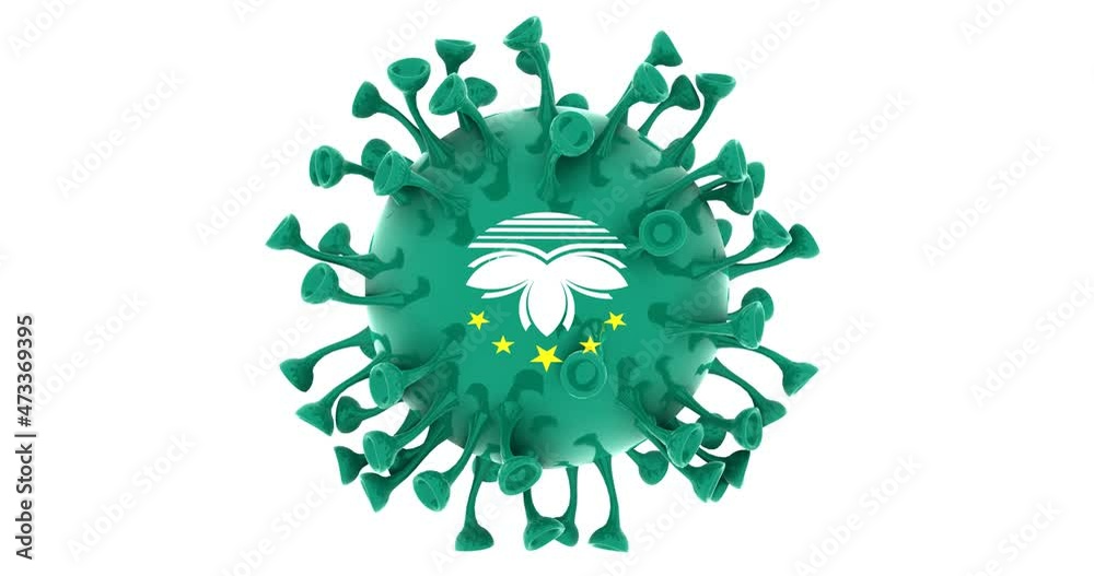 Flag of Macau on Seamless looping 3D animation of the covid-19 Corona Virus 4K UHD 60FPS Flag of Macau on Seamless looping 3D animation of the covid-19 Corona Virus 4K UHD 60FPS