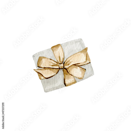 Watercolor holiday Christmas gift box with ribbon bow clipart.