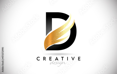 Wing Letter D Logo with Golden Elegant Design. D letter Swoosh Icon Vector