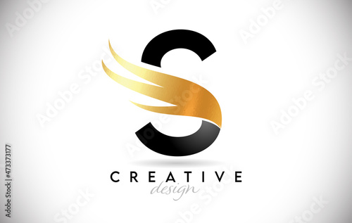 Wing Letter S Logo with Golden Elegant Design. S letter Swoosh Icon Vector