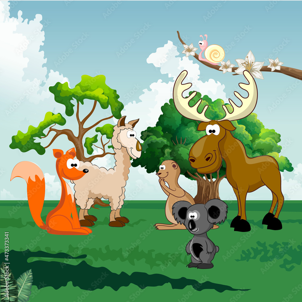 Fototapeta premium Cute animals and forest plants design elements. Vector illustration in design.