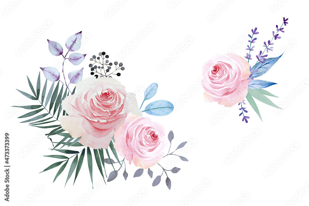 Beautiful bouquet of pink roses and leaves isolated on white background. Watercolor hand drawn.