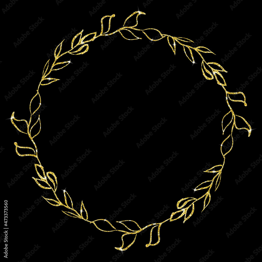 Circle border for wedding design, invitations, Golden glitter round wreath, Hand painted floral line art illustration, Frame with herbs, leaves and branches,  Isolated silhouette on black background