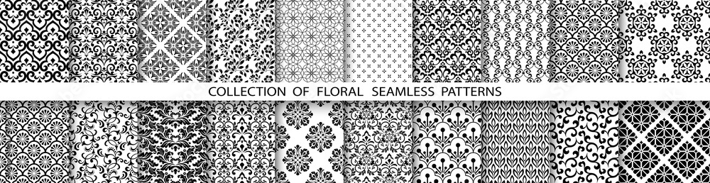 Geometric floral set of seamless patterns. Black and white vector backgrounds. Simple illustrations Geometric floral set of seamless patterns. Black and white vector backgrounds. Simple illustrations