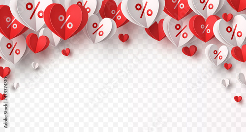 Valentine's special offer paper heart balloons isolated on transparent background. Promo banner with percent baloons. Vector white and red discount sale pattern for promotion, best price Mother's Day
